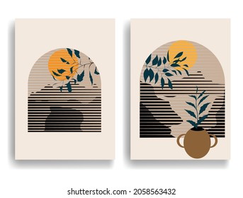 Modern poster with minimalist design elements . Window and arch in Boho style  . Wall art , home deco . Vector abstract shape.. Modern art design .