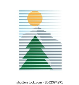 Modern poster with minimalist design elements . Sunset and fir trees . Boho style . Wall art , home deco . Vector abstract shape.
