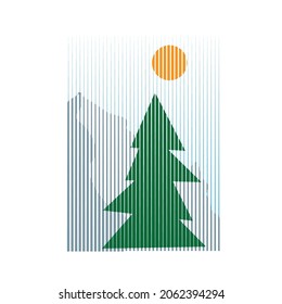 Modern poster with minimalist design elements . Sunset and fir trees . Boho style . Wall art , home deco . Vector abstract shape.