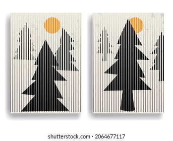 Afiche moderno con elementos de diseño minimalista. Atardecer y abetos. Estilo Boho . Arte mural, deco doméstico. Forma abstracta del vector.