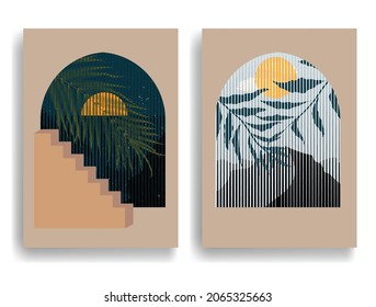 Afiche moderno con elementos de diseño minimalista. Ventana y arco al estilo Boho . Arte mural, deco doméstico. Forma abstracta del vector. Diseño de arte moderno.