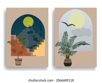 Modern poster with minimalist design elements . Window and arch in Boho style  . Wall art , home deco . Vector abstract shape.