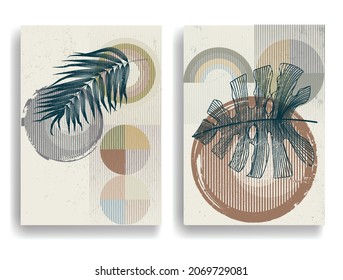 Modern poster with minimalist design elements . Grunge textured circles in Boho style  . Wall art , home deco . Vector abstract shape.