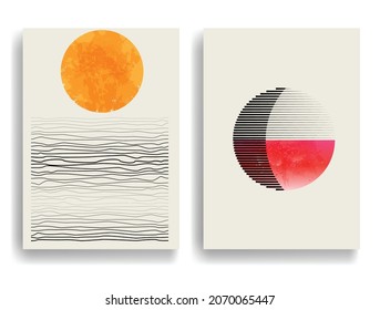 Modern poster with minimalist design elements . Grunge textured circles in Boho style  . Wall art , home deco . Vector abstract shape.