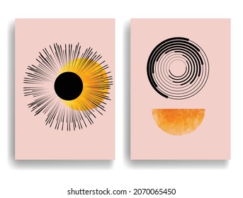 Modern poster with minimalist design elements . Grunge textured circles in Boho style  . Wall art , home deco . Vector abstract shape.