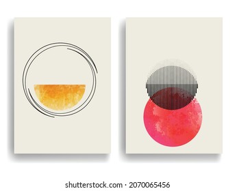 Modern poster with minimalist design elements . Grunge textured circles in Boho style  . Wall art , home deco . Vector abstract shape.
