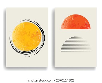 Modern poster with minimalist design elements . Grunge textured circle and arch in Boho style  . Wall art , home deco . Vector abstract shape.