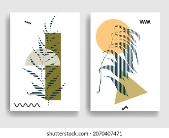 Afiche moderno con elementos de diseño minimalista. Estilo Boho . Hojas a rayas. Arte mural, deco casero. Forma abstracta del vector.