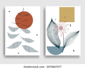 Afiche moderno con elementos de diseño minimalista. Estilo Boho . Hojas a rayas. Arte mural, deco casero. Forma abstracta del vector.