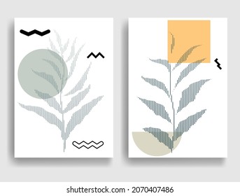 Afiche moderno con elementos de diseño minimalista. Estilo Boho . Hojas a rayas. Arte mural, deco casero. Forma abstracta del vector.