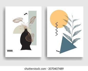 Modern poster with minimalist design elements . Boho style  . Striped leaves .Wall art , home deco . Vector abstract shape.