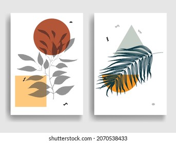 Modern poster with minimalist design elements . Boho style  . Dotted leaves .Wall art , home deco . Vector abstract shape.