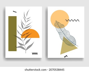 Modern poster with minimalist design elements . Boho style  . Dotted leaves .Wall art , home deco . Vector abstract shape.