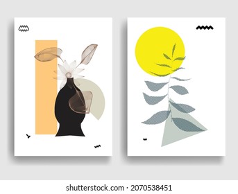 Modern poster with minimalist design elements . Boho style  . Dotted leaves .Wall art , home deco . Vector abstract shape.