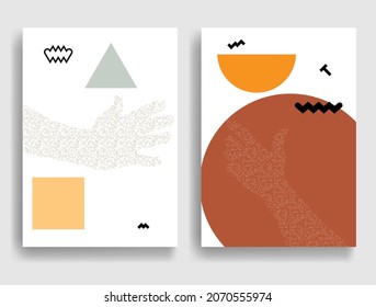 Modern poster with minimalist design elements and hands in Boho style  . Wall art , home deco . Vector abstract shape.