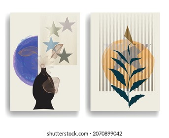 Modern poster with minimalist design elements . Grunge textured circles in Boho style  . Wall art , home deco . Vector abstract shape.