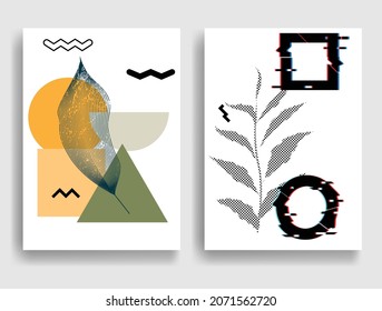 Afiche moderno con elementos de diseño minimalista. Estilo Boho . Hojas punteadas. Arte mural, deco casero. Forma abstracta del vector.