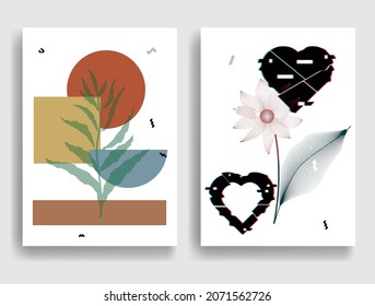 Modern poster with minimalist design elements . Boho style  . Dotted leaves .Wall art , home deco . Vector abstract shape.