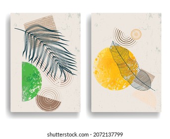 Modern poster with minimalist design elements . Grunge textured circles in Boho style  . Wall art , home deco . Vector abstract shape.