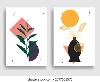 Modern poster with minimalist design elements . Boho style  . Leaves .Wall art , home deco . Vector abstract shape.