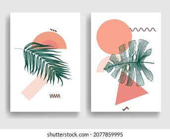 Modern poster with minimalist design elements . Boho style  . leaves .Wall art , home deco . Vector abstract shape.