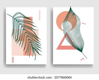 Modern poster with minimalist design elements . Boho style  . leaves .Wall art , home deco . Vector abstract shape.