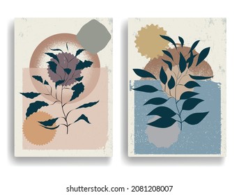 Modern poster with minimalist design elements . Grunge textured circles in Boho style  . Wall art , home deco . Vector abstract shape.