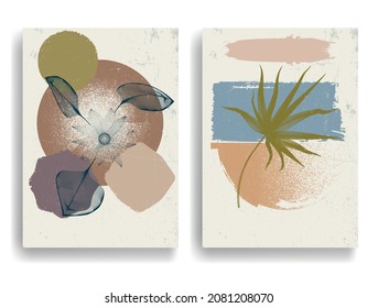 Modern poster with minimalist design elements . Grunge textured circles in Boho style  . Wall art , home deco . Vector abstract shape.
