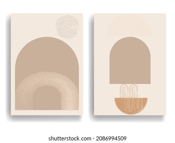 Afiche moderno con elementos de diseño minimalista. Grunge el círculo texturado y el arco al estilo Boho . Arte mural, deco doméstico. Forma abstracta del vector.