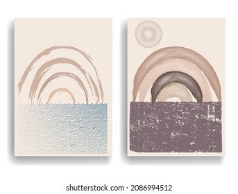Afiche moderno con elementos de diseño minimalista. Grunge el círculo texturado y el arco al estilo Boho . Arte mural, deco doméstico. Forma abstracta del vector.
