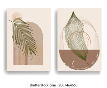 Modern poster with minimalist design elements . Window and arch in Boho style  . Wall art , home deco . Vector abstract shape.