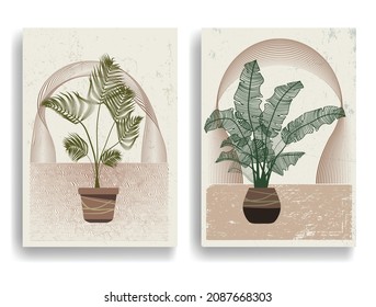 Modern poster with minimalist design elements . Windows and arch in Boho style  . Wall art , home deco . Vector abstract shape.