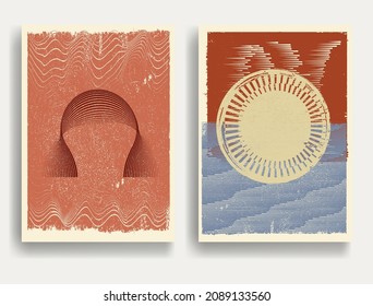 Modern poster with minimalist design elements . Grunge textured circle and arch in Boho style  . Wall art , home deco . Vector abstract shape.