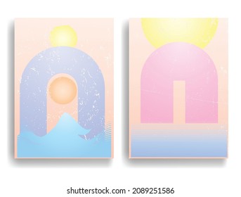 Afiche moderno con elementos de diseño minimalista. Grunge el círculo texturado y el arco al estilo Boho . Arte mural, deco doméstico. Forma abstracta del vector.