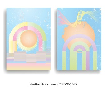 Modern poster with minimalist design elements . Grunge textured circle and arch in Boho style  . Wall art , home deco . Vector abstract shape.