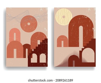Modern poster with minimalist design elements . Grunge textured circle and arch in Boho style  . Wall art , home deco . Vector abstract shape.