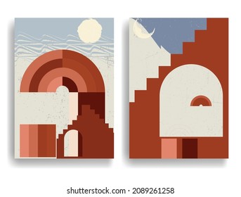 Modern poster with minimalist design elements . Grunge textured circle and arch in Boho style  . Wall art , home deco . Vector abstract shape.