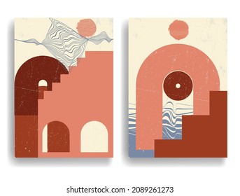 Modern poster with minimalist design elements . Grunge textured circle and arch in Boho style  . Wall art , home deco . Vector abstract shape.