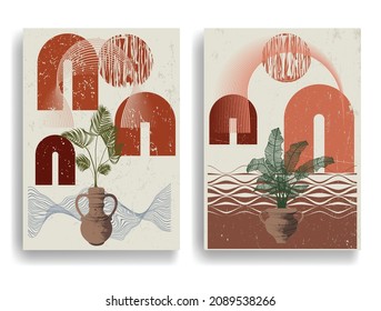 Modern poster with minimalist design elements . Windows and arch in Boho style  . Wall art , home deco . Vector abstract shape.