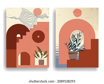 Modern poster with minimalist design elements . Windows and arch in Boho style  . Wall art , home deco . Vector abstract shape.