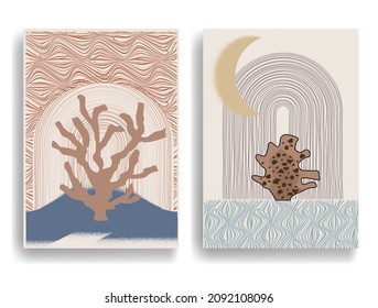 Modern poster with minimalist design elements . Grunge textured circles in Boho style  . Wall art , home deco . Vector abstract shape