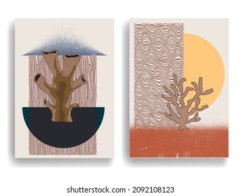 Modern poster with minimalist design elements . Grunge textured circles in Boho style  . Wall art , home deco . Vector abstract shape