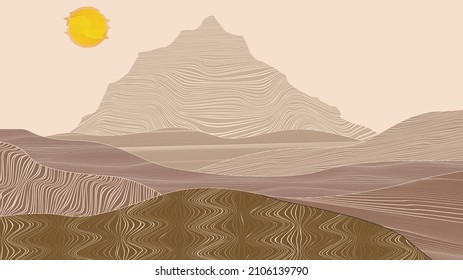 Modern poster with minimalist design elements . mountains and sunset in Boho style . Wall art , home deco . Vector abstract shape.