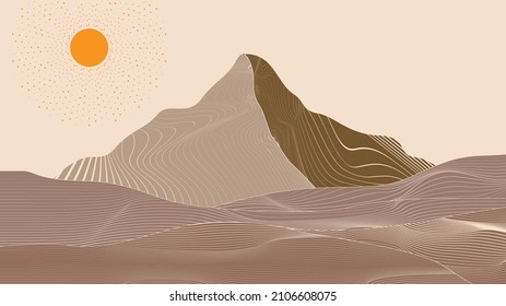 Modern poster with minimalist design elements . mountains and sunset in Boho style . Wall art , home deco . Vector abstract shape.