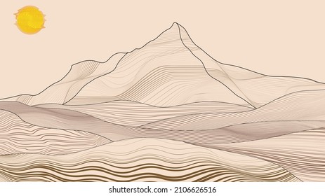 Afiche moderno con elementos de diseño minimalista. montañas y puesta de sol al estilo Boho . Arte mural, deco doméstico. Forma abstracta del vector.