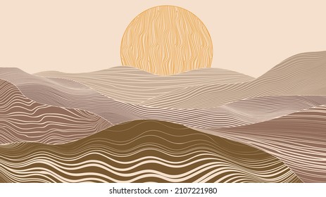 Modern poster with minimalist design elements . mountains and sunset in Boho style  . Wall art , home deco . Vector abstract shape.