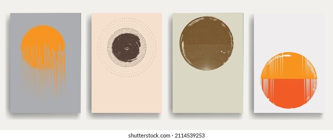 Afiche moderno con elementos de diseño minimalista. Grunge el círculo texturado y el arco al estilo Boho . Arte mural, deco doméstico. Forma abstracta del vector.