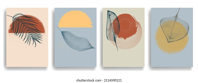 Modern poster with minimalist design elements . Grunge textured circle and arch in Boho style  . Wall art , home deco . Vector abstract shape.