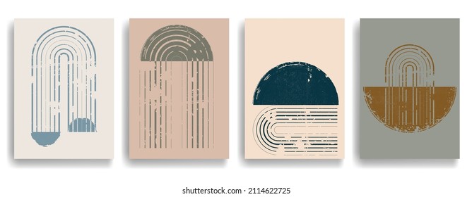 Modern poster with minimalist design elements . Grunge textured circle and arch in Boho art style  . Wall art , home deco . Vector abstract shape.