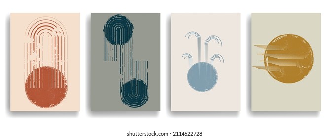 Modern poster with minimalist design elements . Grunge textured circle and arch in Boho art style  . Wall art , home deco . Vector abstract shape.